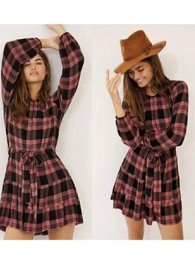 Anthropologie Pink & Black Plaid Long-Sleeve Tie-Waist Dress, Size S. NWOT